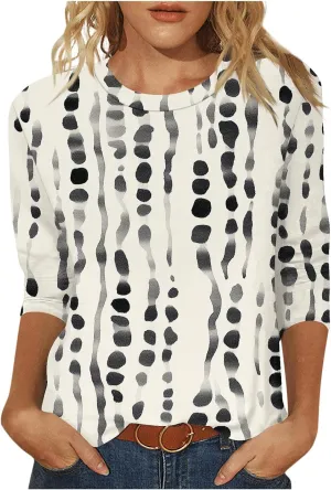 3/4 Length Sleeve Womens Tops Plus Size Print Graphic Tee Shirts Causal Dressy Crewneck Shirts Loose Fit Blouse Tees