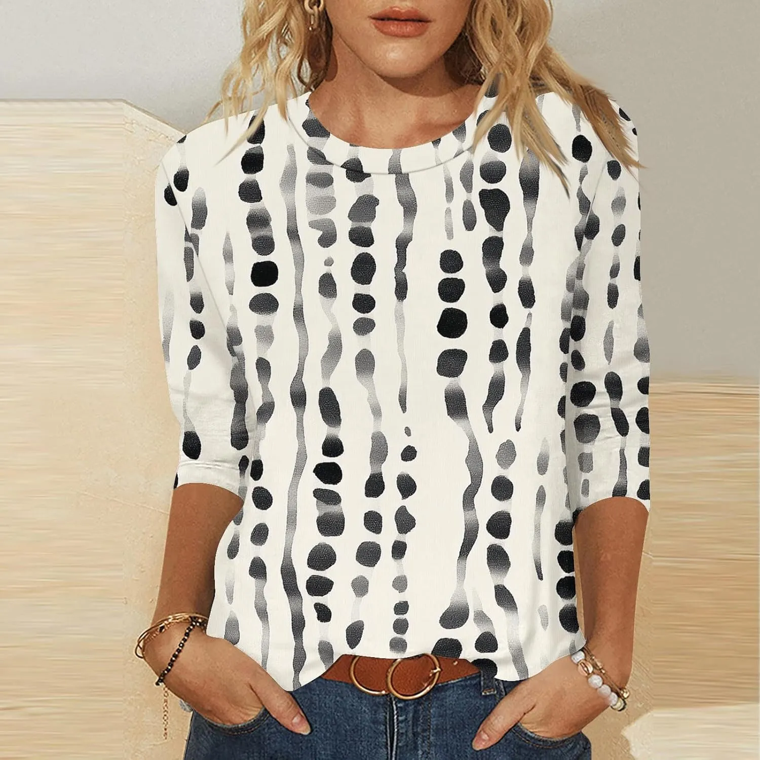 3/4 Length Sleeve Womens Tops Plus Size Print Graphic Tee Shirts Causal Dressy Crewneck Shirts Loose Fit Blouse Tees