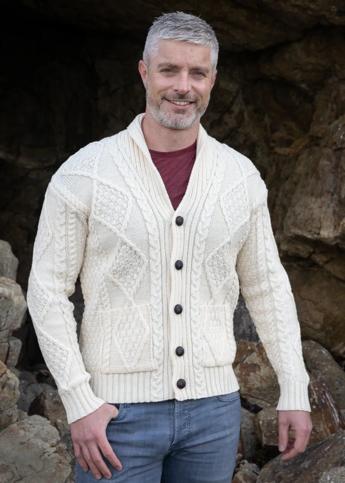 Aran Men's Shawl Button Cardigan | Natural