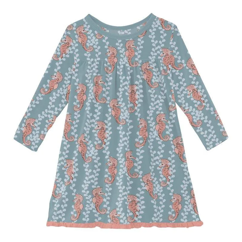 Bamboo Classic Long Sleeve Swing Dress - Stormy Sea Seahorses