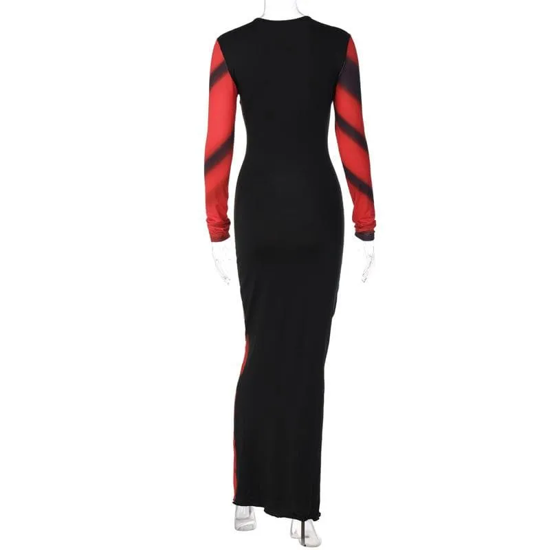 BerryBetty - Abstract contrast long sleeve crewneck maxi dress