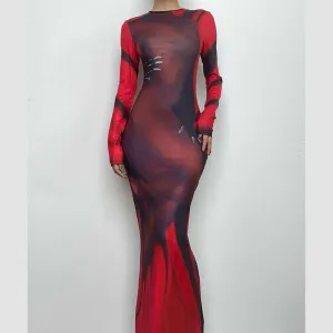 BerryBetty - Abstract contrast long sleeve crewneck maxi dress