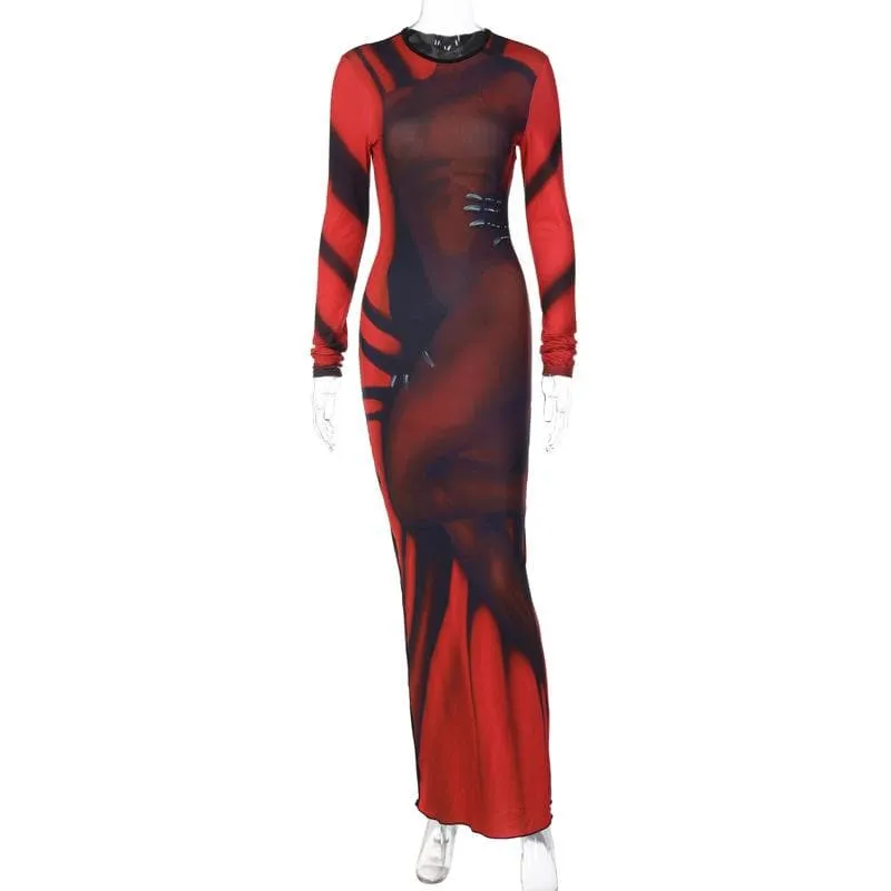 BerryBetty - Abstract contrast long sleeve crewneck maxi dress