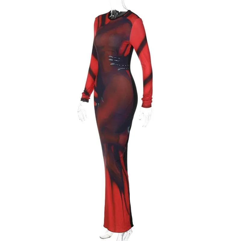 BerryBetty - Abstract contrast long sleeve crewneck maxi dress