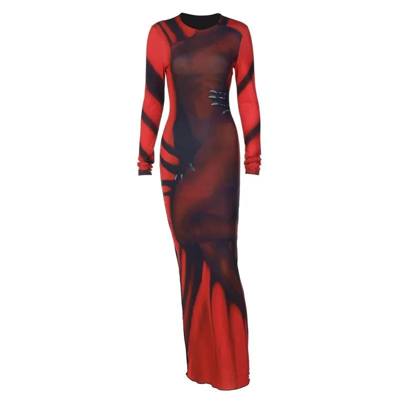 BerryBetty - Abstract contrast long sleeve crewneck maxi dress