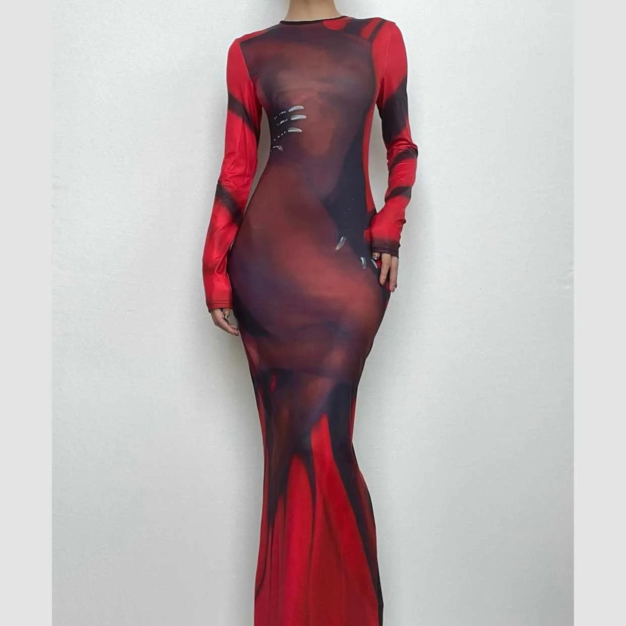 BerryBetty - Abstract contrast long sleeve crewneck maxi dress