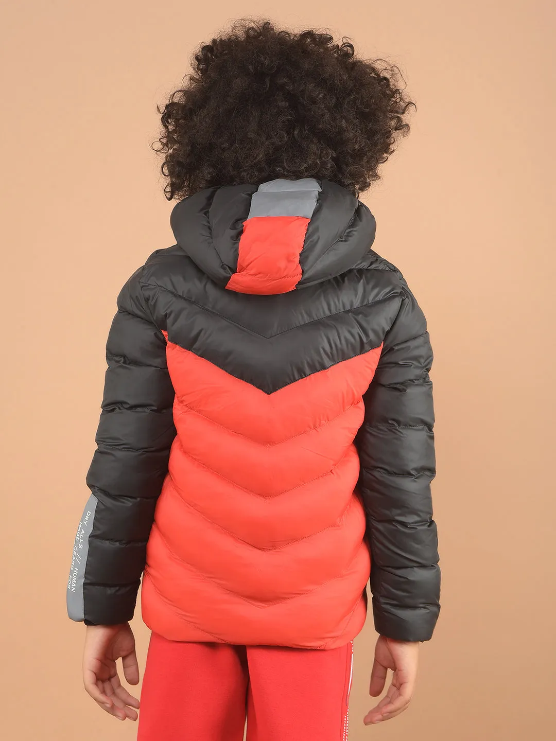 Black Color-Blocked Hooded Puffer Jacket
