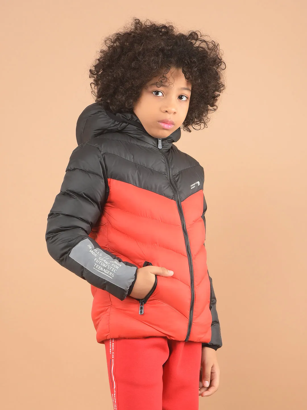 Black Color-Blocked Hooded Puffer Jacket