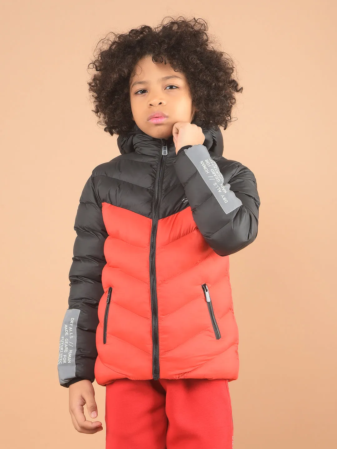 Black Color-Blocked Hooded Puffer Jacket