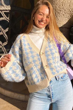 Blue V Neck Pied De Poule Cardigan