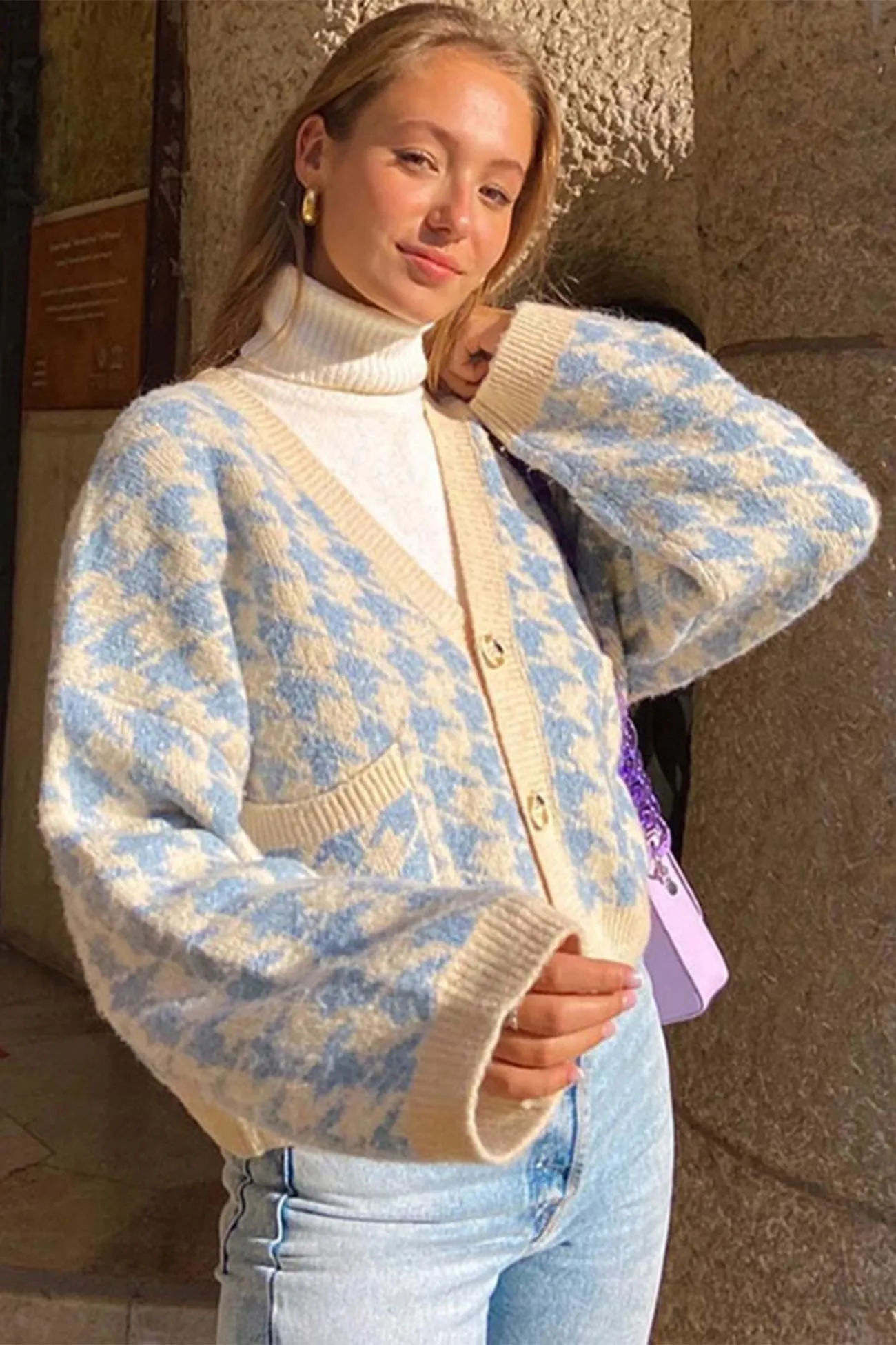 Blue V Neck Pied De Poule Cardigan