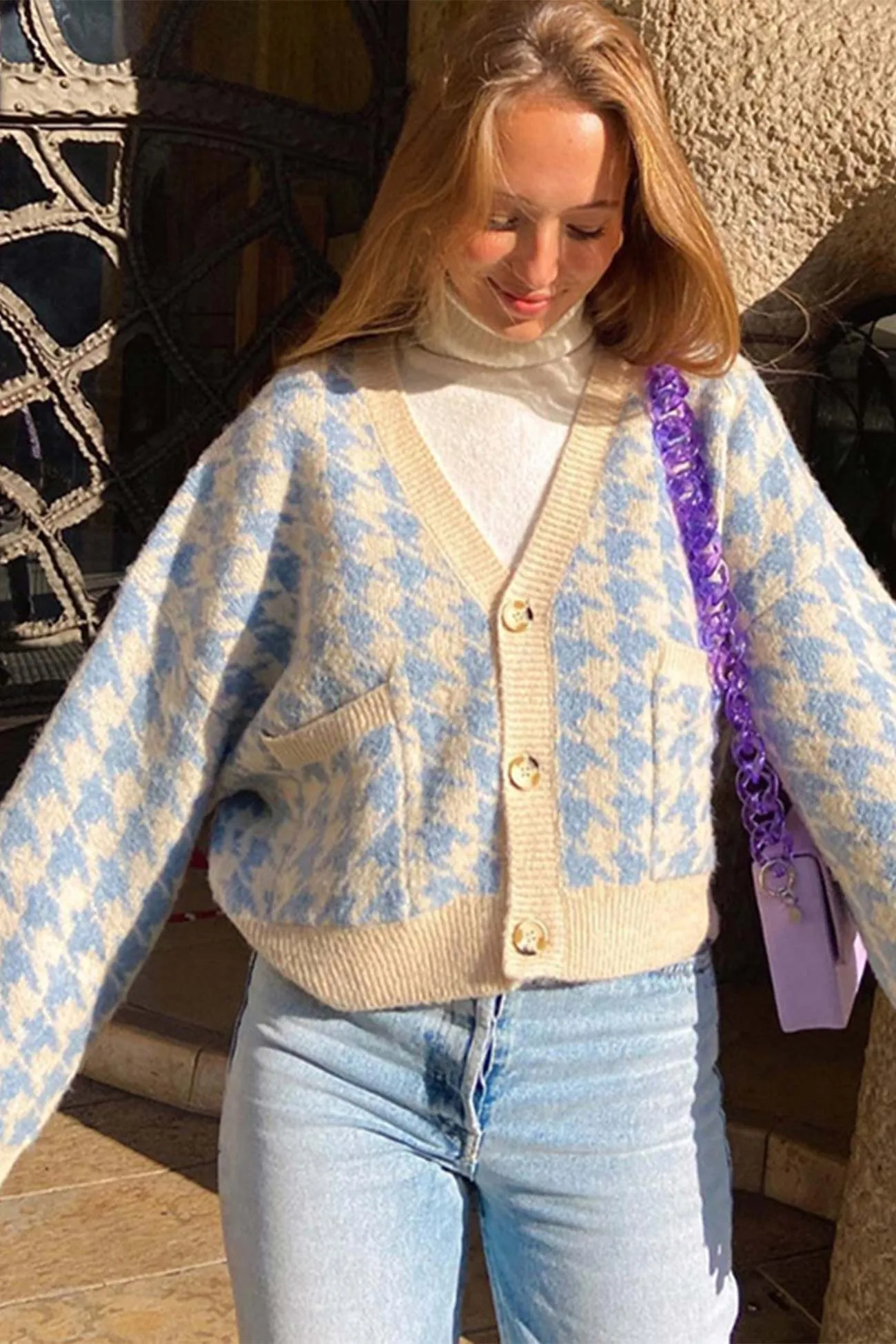 Blue V Neck Pied De Poule Cardigan