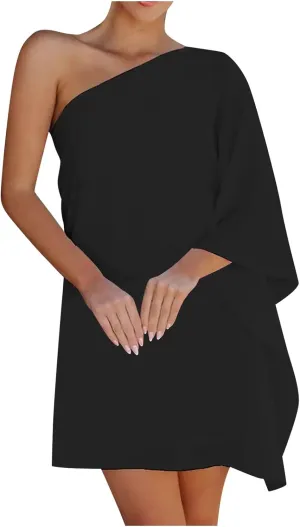 Bohemian Dress for Women, Women Casual Fashion Loose Printed One Shoulder Doll Sleeve Dress