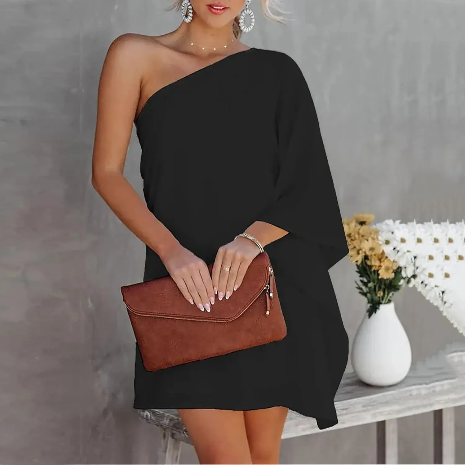 Bohemian Dress for Women, Women Casual Fashion Loose Printed One Shoulder Doll Sleeve Dress