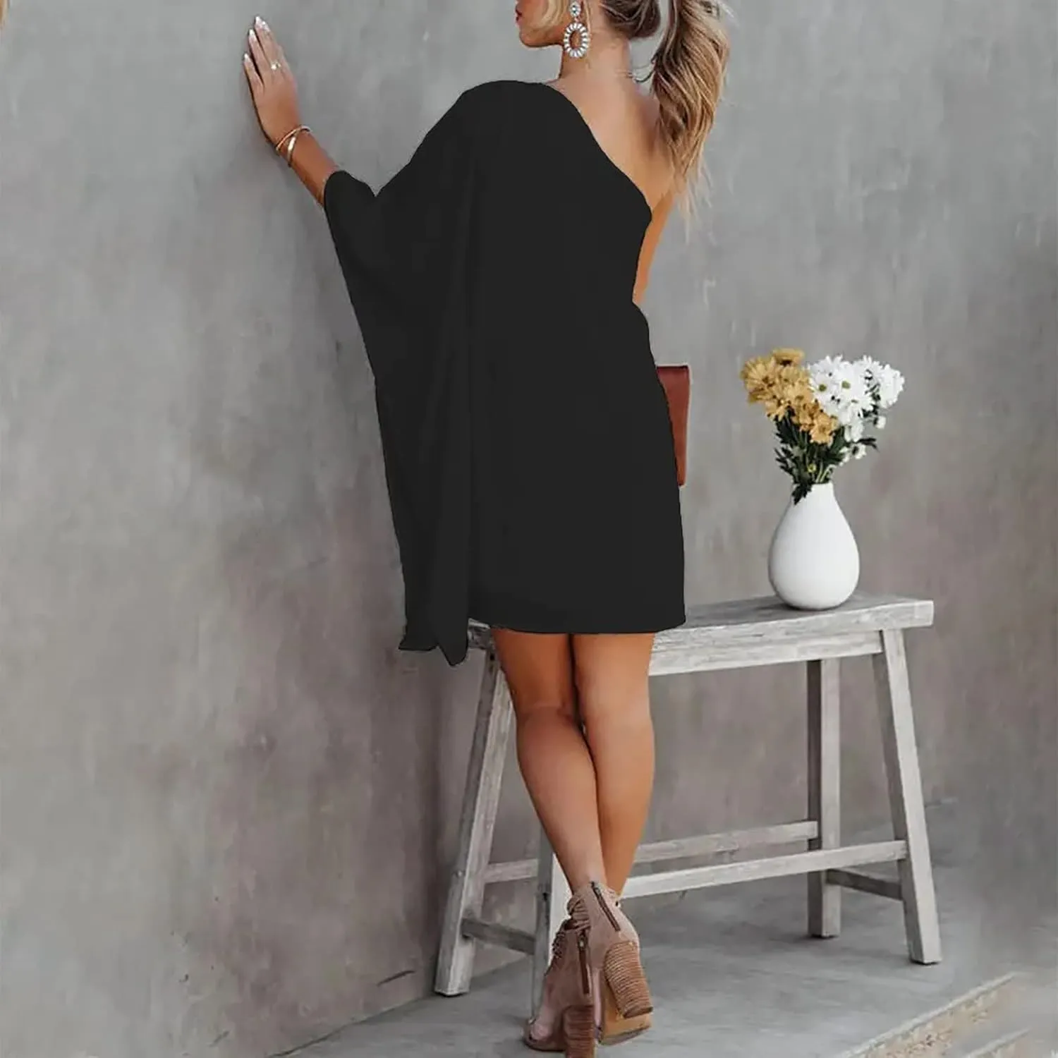 Bohemian Dress for Women, Women Casual Fashion Loose Printed One Shoulder Doll Sleeve Dress
