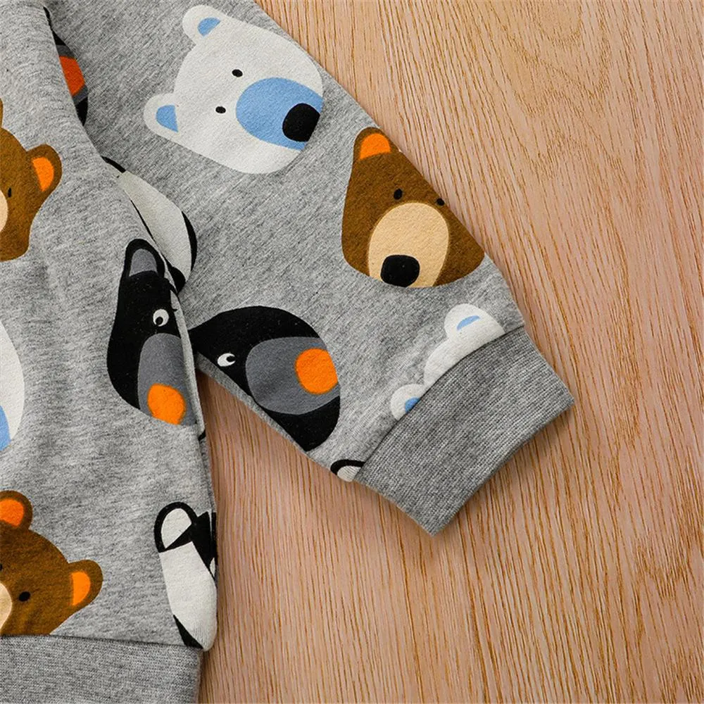 Boys Bear Cartoon Printed Long Sleeve Top & Pants Wholesale Boys Clothes