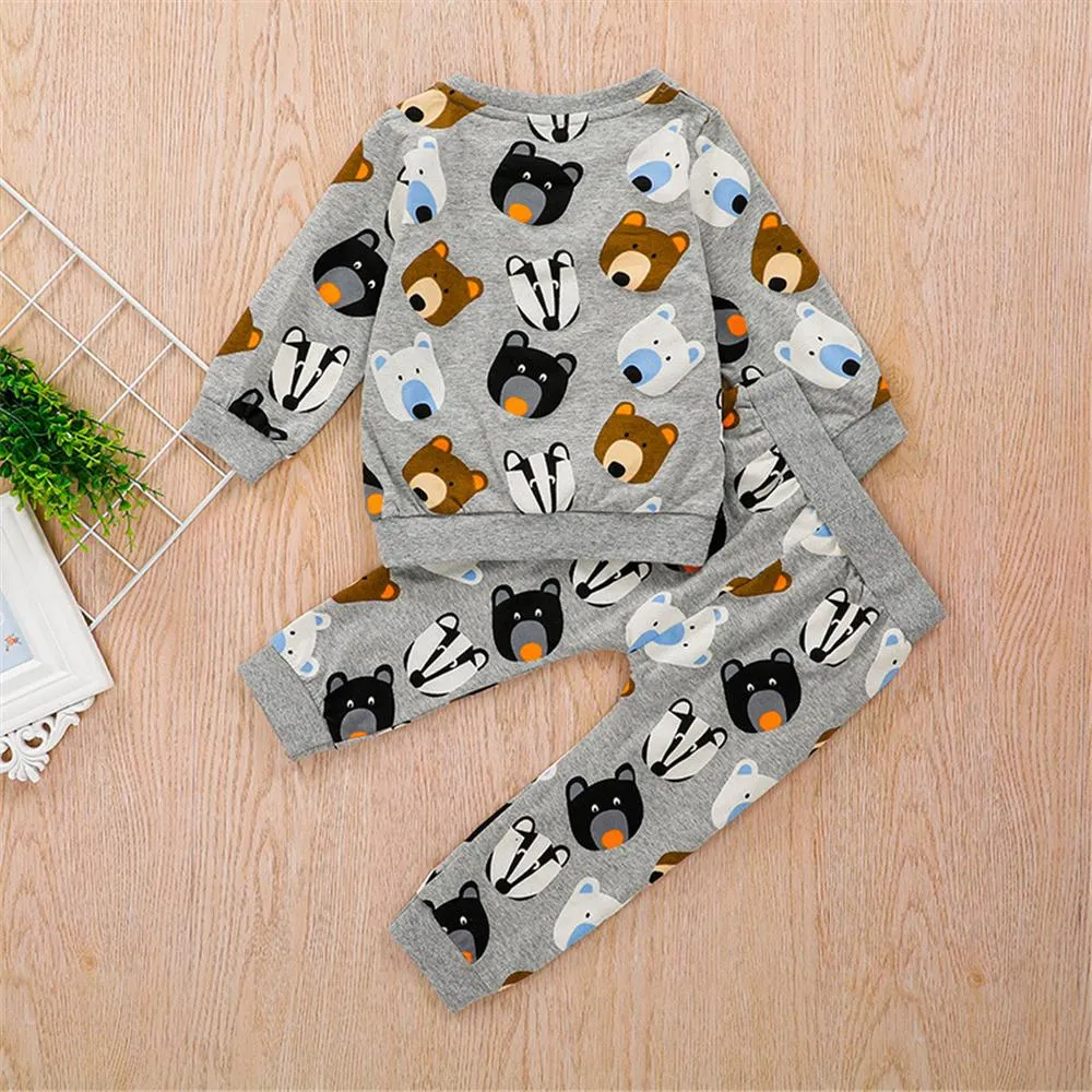 Boys Bear Cartoon Printed Long Sleeve Top & Pants Wholesale Boys Clothes