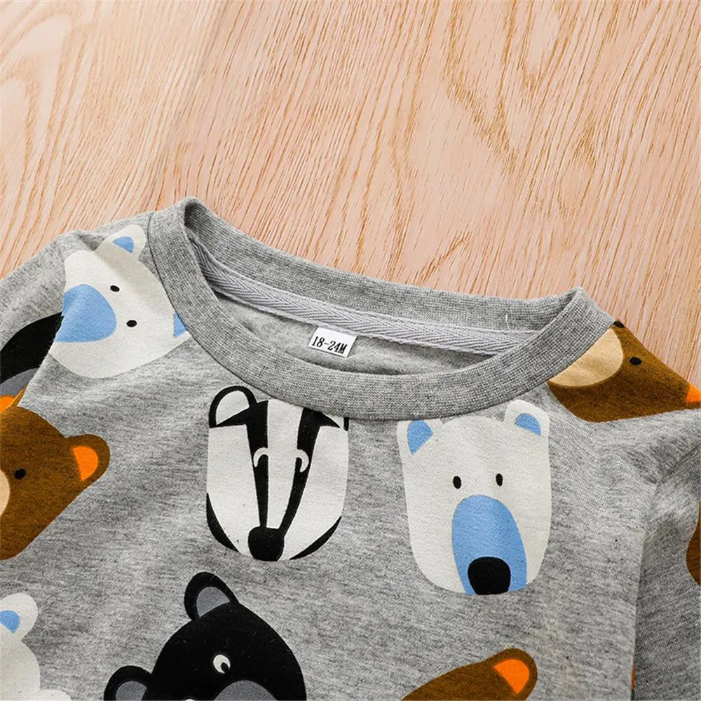 Boys Bear Cartoon Printed Long Sleeve Top & Pants Wholesale Boys Clothes