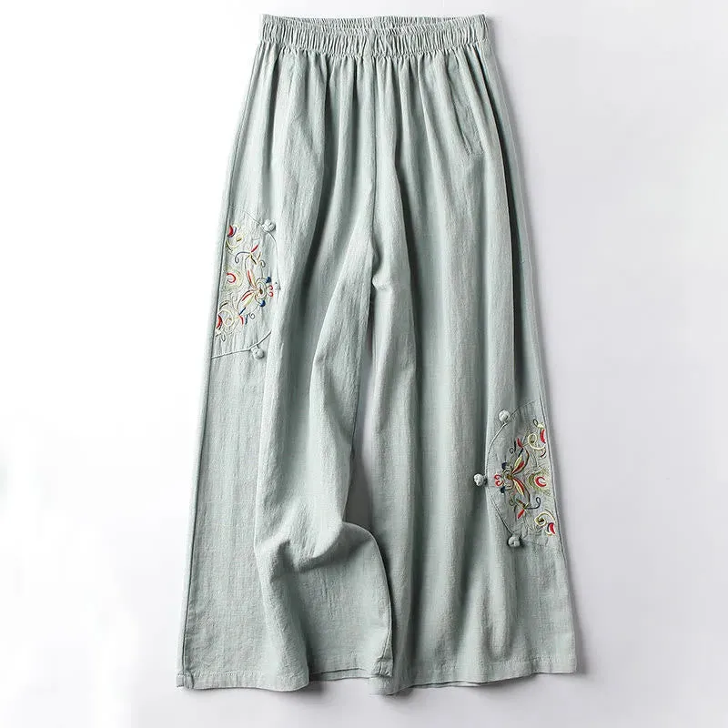 Buddha Stones Spring Ethnic Embroidery Cotton Linen Women's Wide Leg Pants With Pockets
