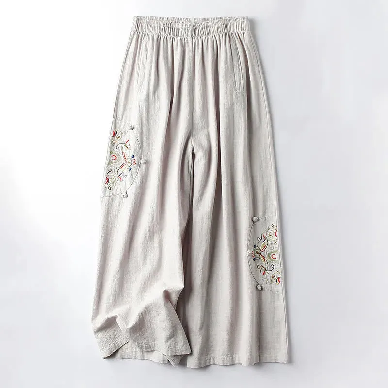 Buddha Stones Spring Ethnic Embroidery Cotton Linen Women's Wide Leg Pants With Pockets
