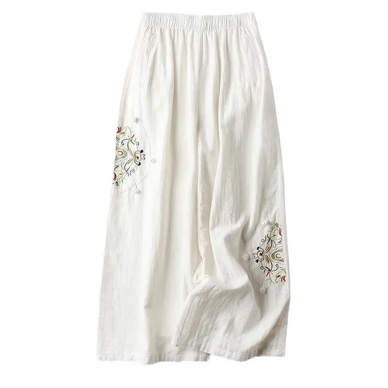 Buddha Stones Spring Ethnic Embroidery Cotton Linen Women's Wide Leg Pants With Pockets