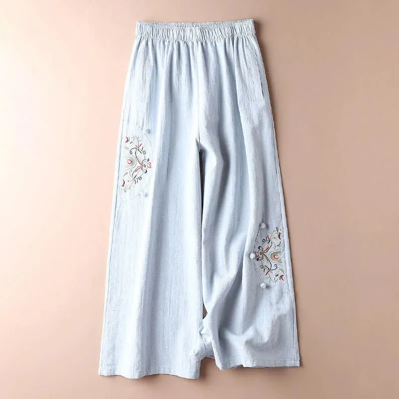 Buddha Stones Spring Ethnic Embroidery Cotton Linen Women's Wide Leg Pants With Pockets