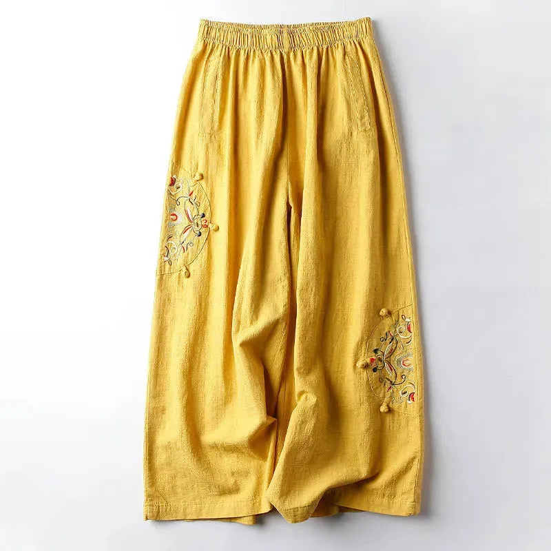 Buddha Stones Spring Ethnic Embroidery Cotton Linen Women's Wide Leg Pants With Pockets