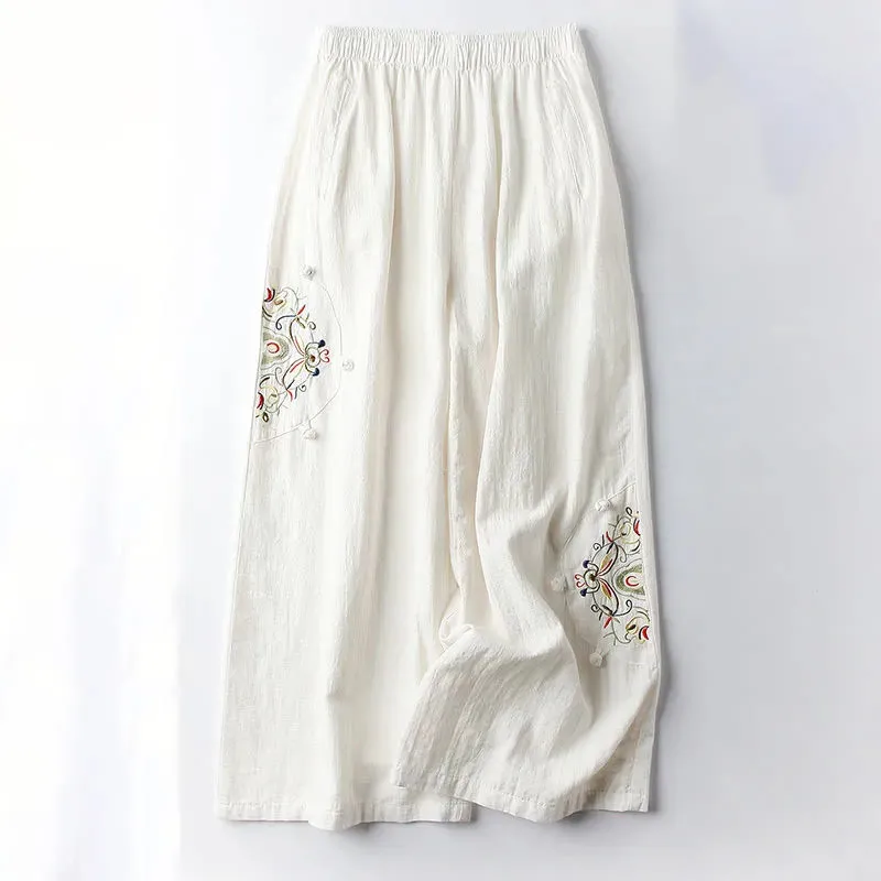 Buddha Stones Spring Ethnic Embroidery Cotton Linen Women's Wide Leg Pants With Pockets
