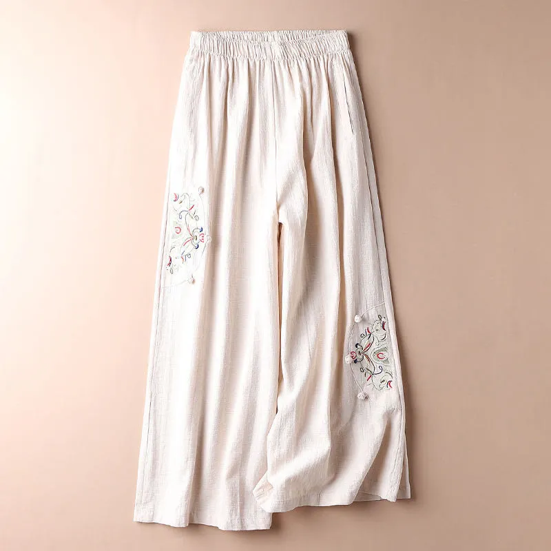 Buddha Stones Spring Ethnic Embroidery Cotton Linen Women's Wide Leg Pants With Pockets