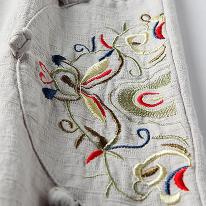 Buddha Stones Spring Ethnic Embroidery Cotton Linen Women's Wide Leg Pants With Pockets