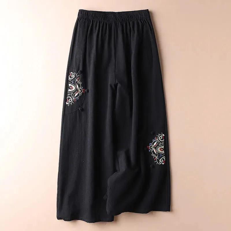 Buddha Stones Spring Ethnic Embroidery Cotton Linen Women's Wide Leg Pants With Pockets