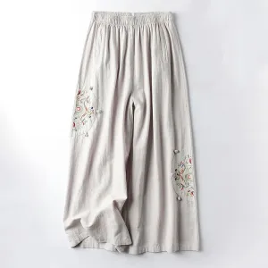 Buddha Stones Spring Ethnic Embroidery Cotton Linen Women's Wide Leg Pants With Pockets