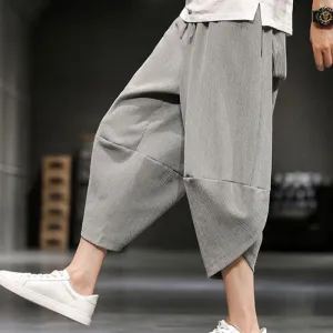 Buddha Stones Summer Solid Men's Cotton Linen Cropped Pants With Pockets