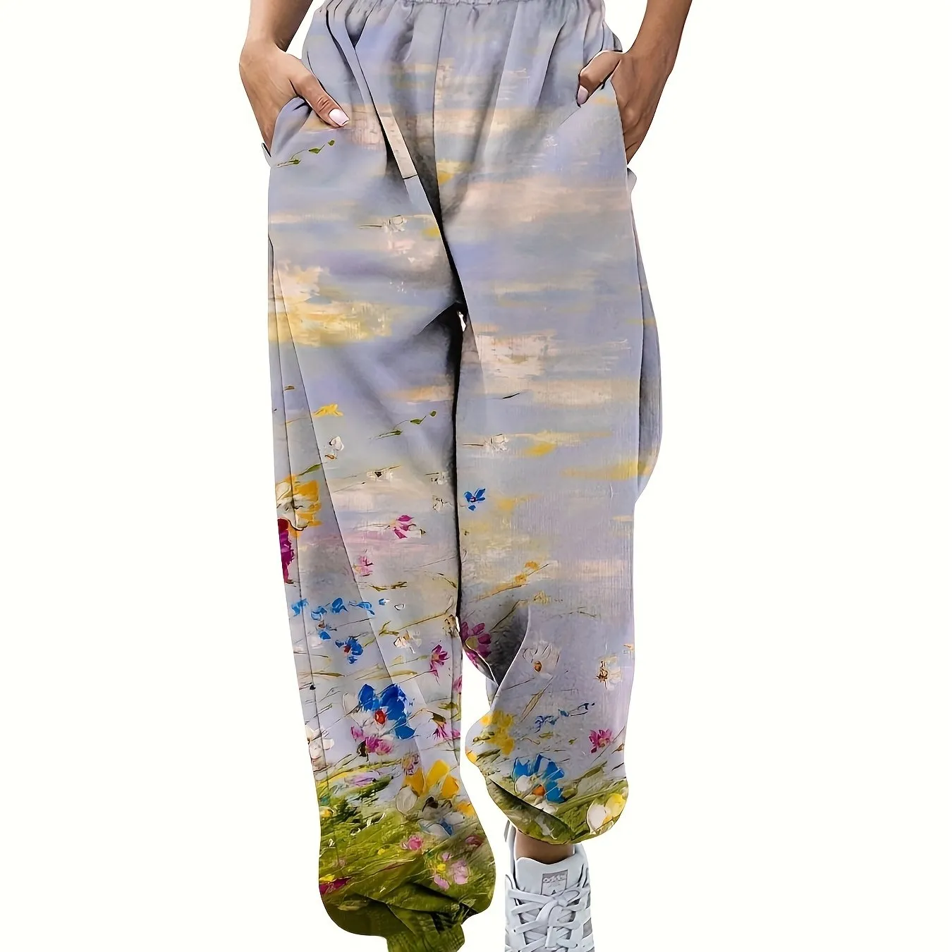 Casual Elastic Waist Floral Print Jogger Pants, Women's Pocket Pants