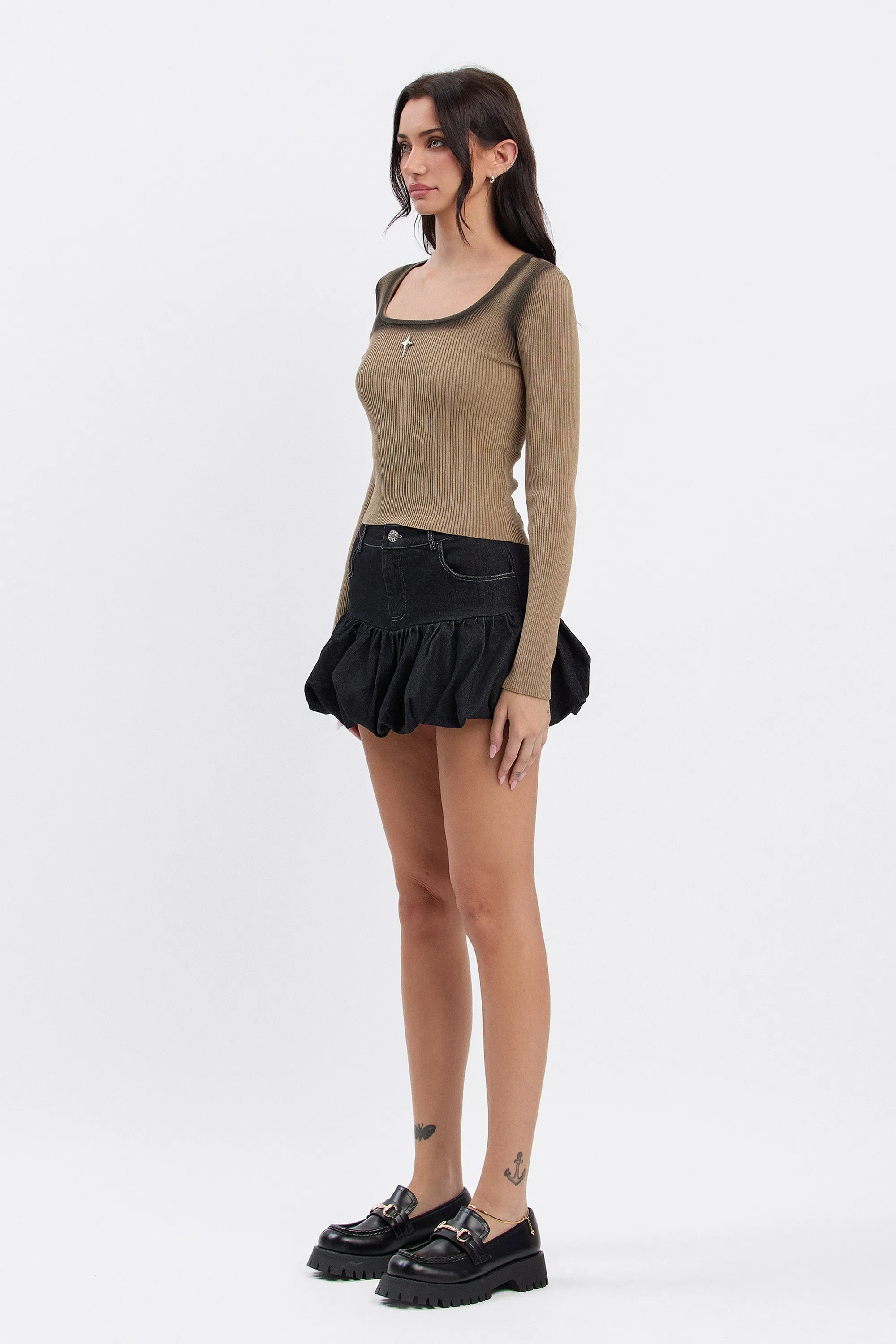 CELIA DENIM MINI BUBBLE SKORT - BLACK DENIM