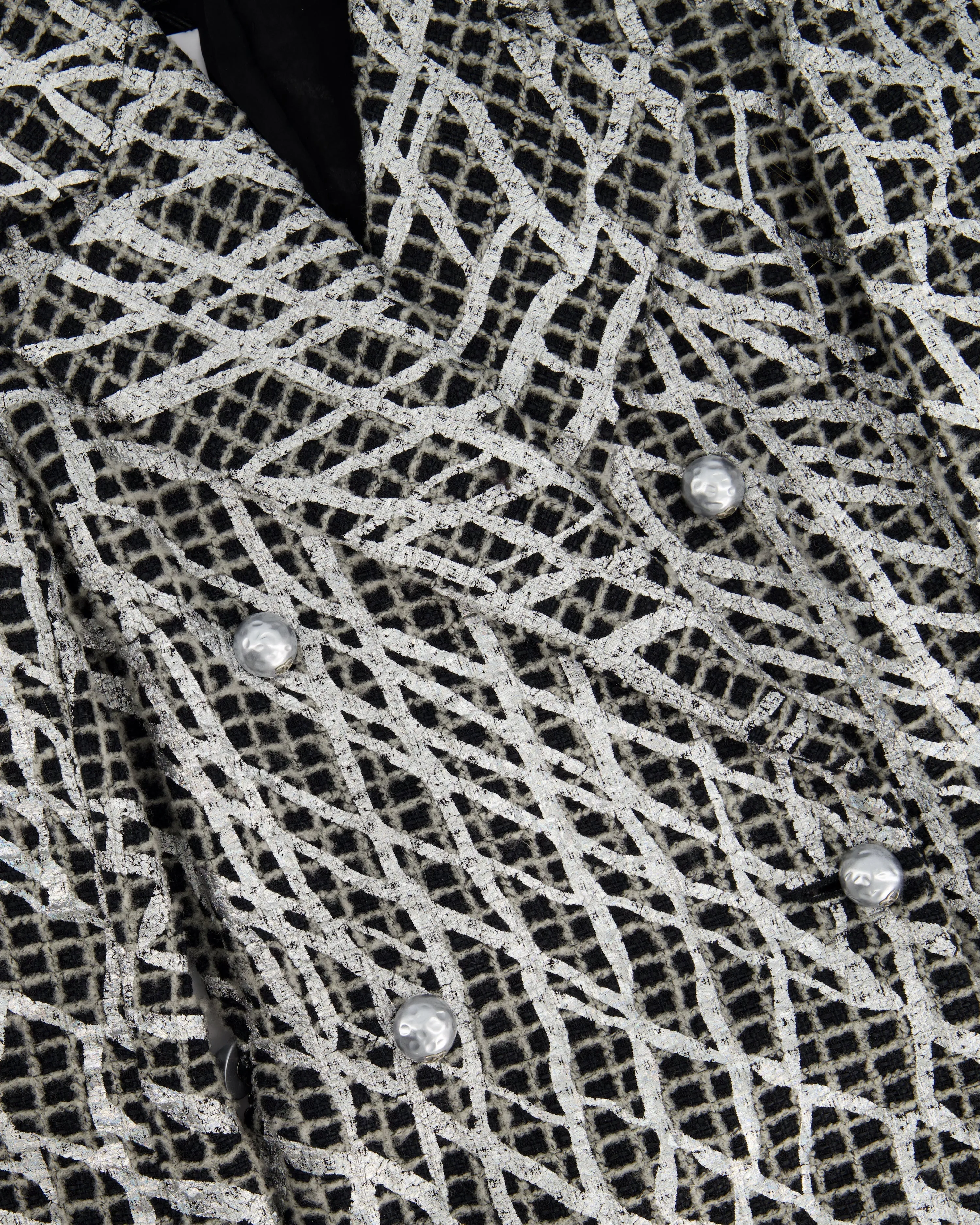 Chanel Black & White Checked Tweed Backless Jacket With Silver Screen Print And Pearl Belt At The Back Size Fr 34 (uk 4)