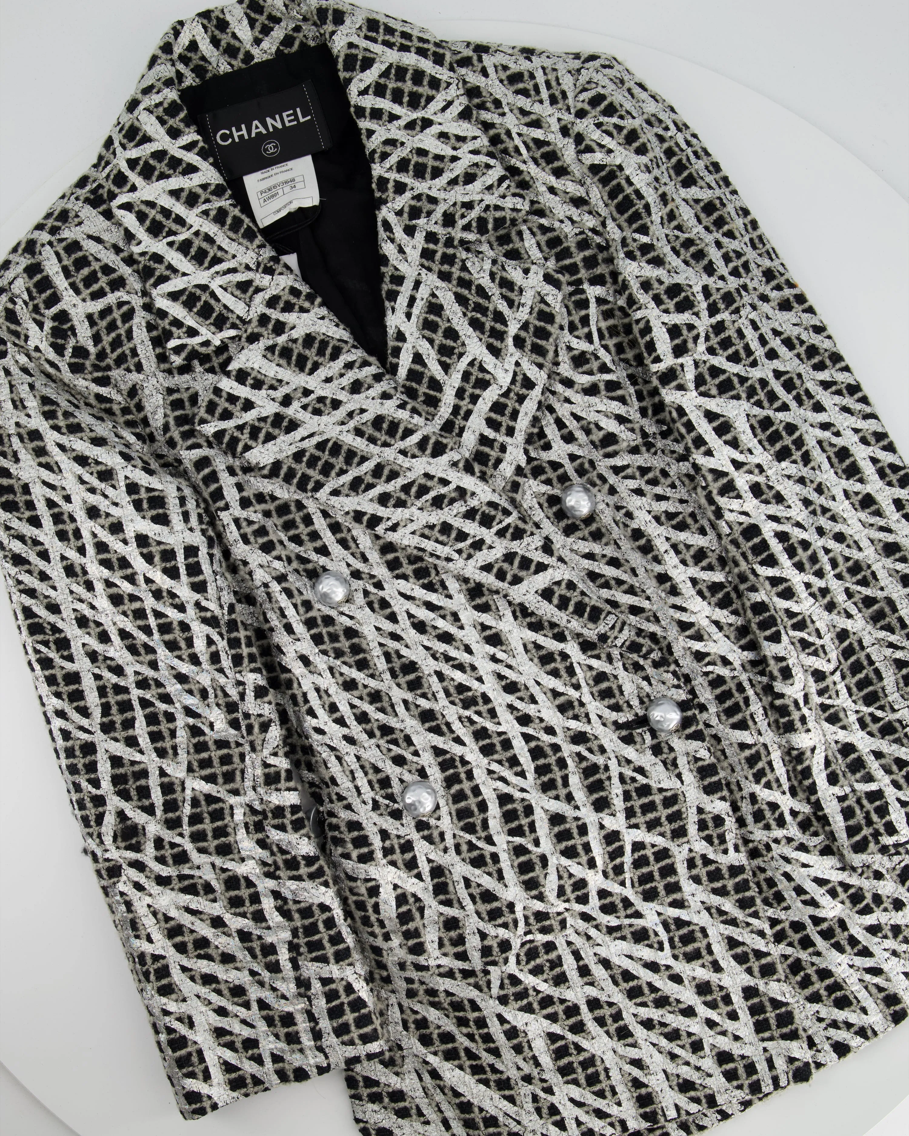 Chanel Black & White Checked Tweed Backless Jacket With Silver Screen Print And Pearl Belt At The Back Size Fr 34 (uk 4)