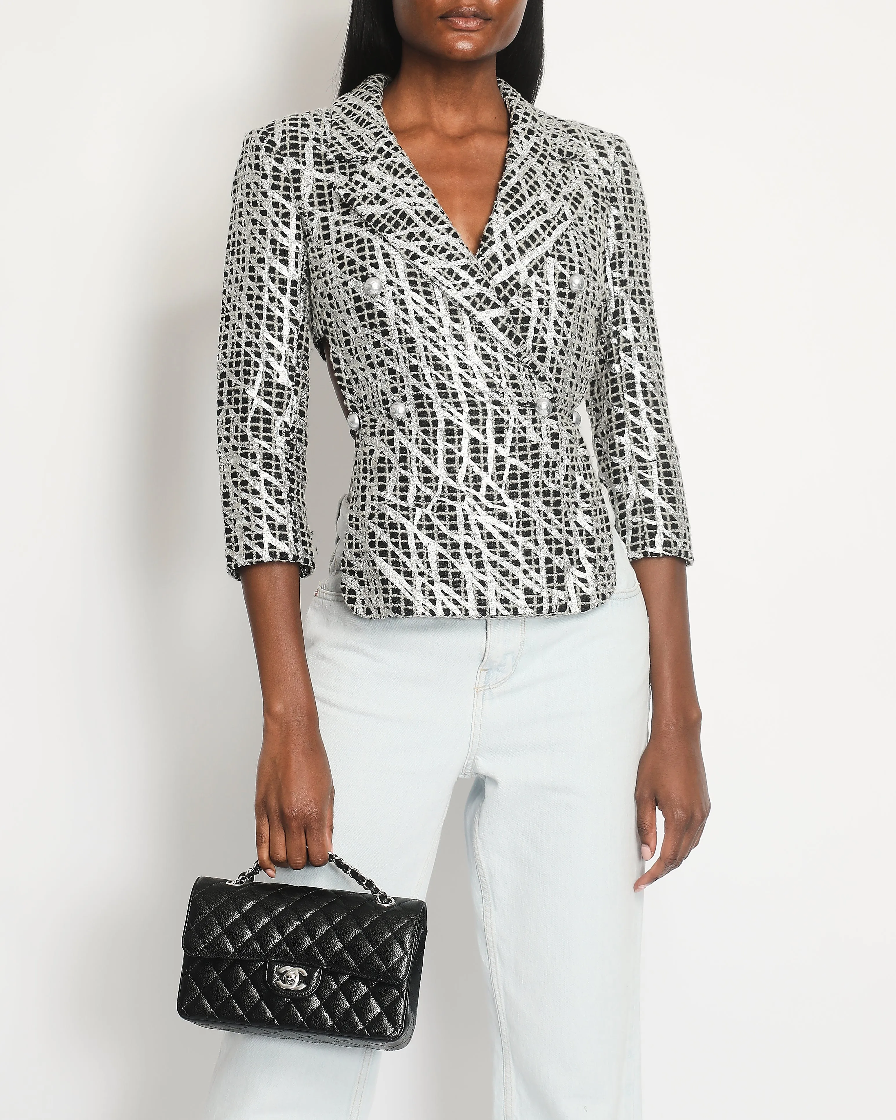 Chanel Black & White Checked Tweed Backless Jacket With Silver Screen Print And Pearl Belt At The Back Size Fr 34 (uk 4)