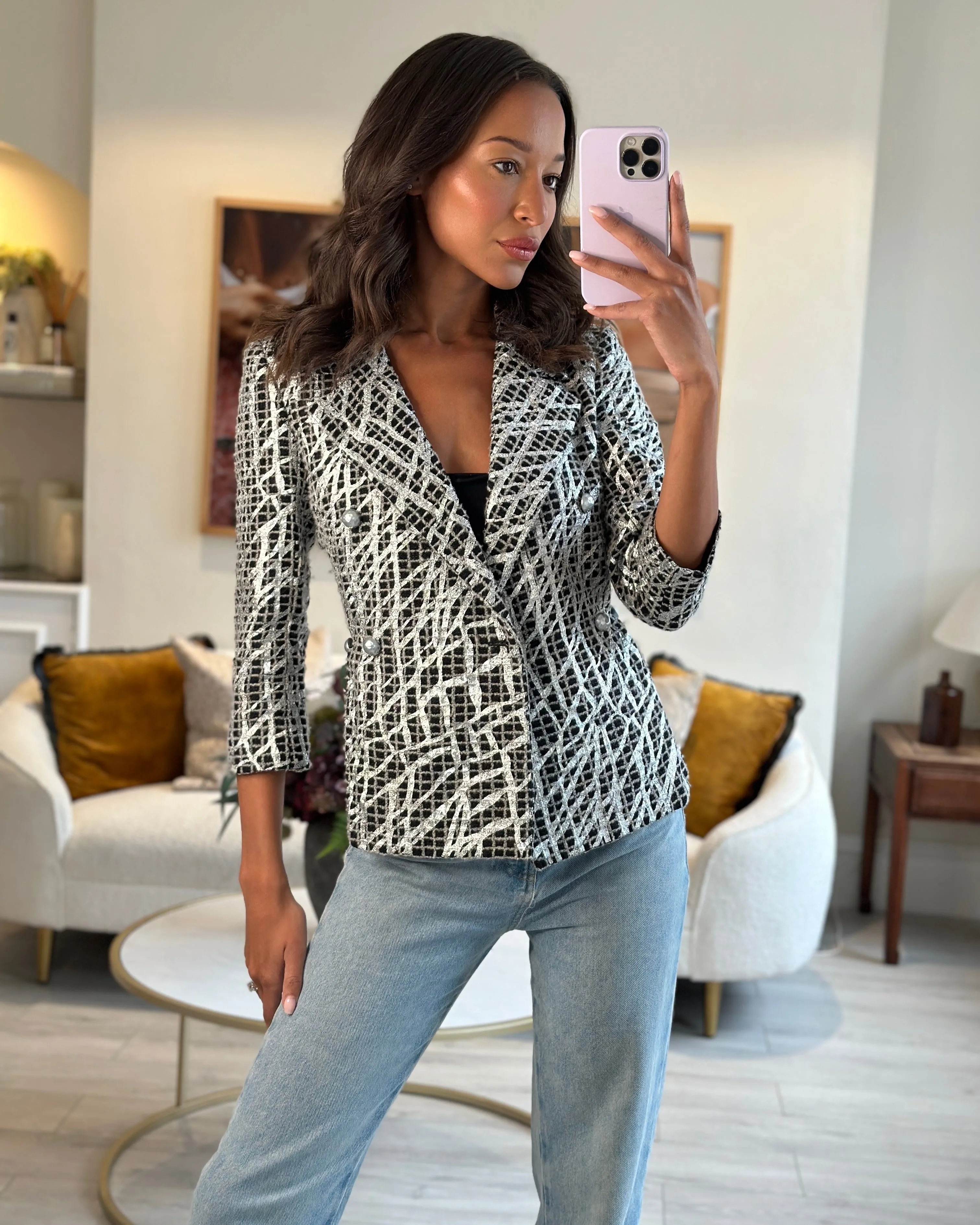 Chanel Black & White Checked Tweed Backless Jacket With Silver Screen Print And Pearl Belt At The Back Size Fr 34 (uk 4)