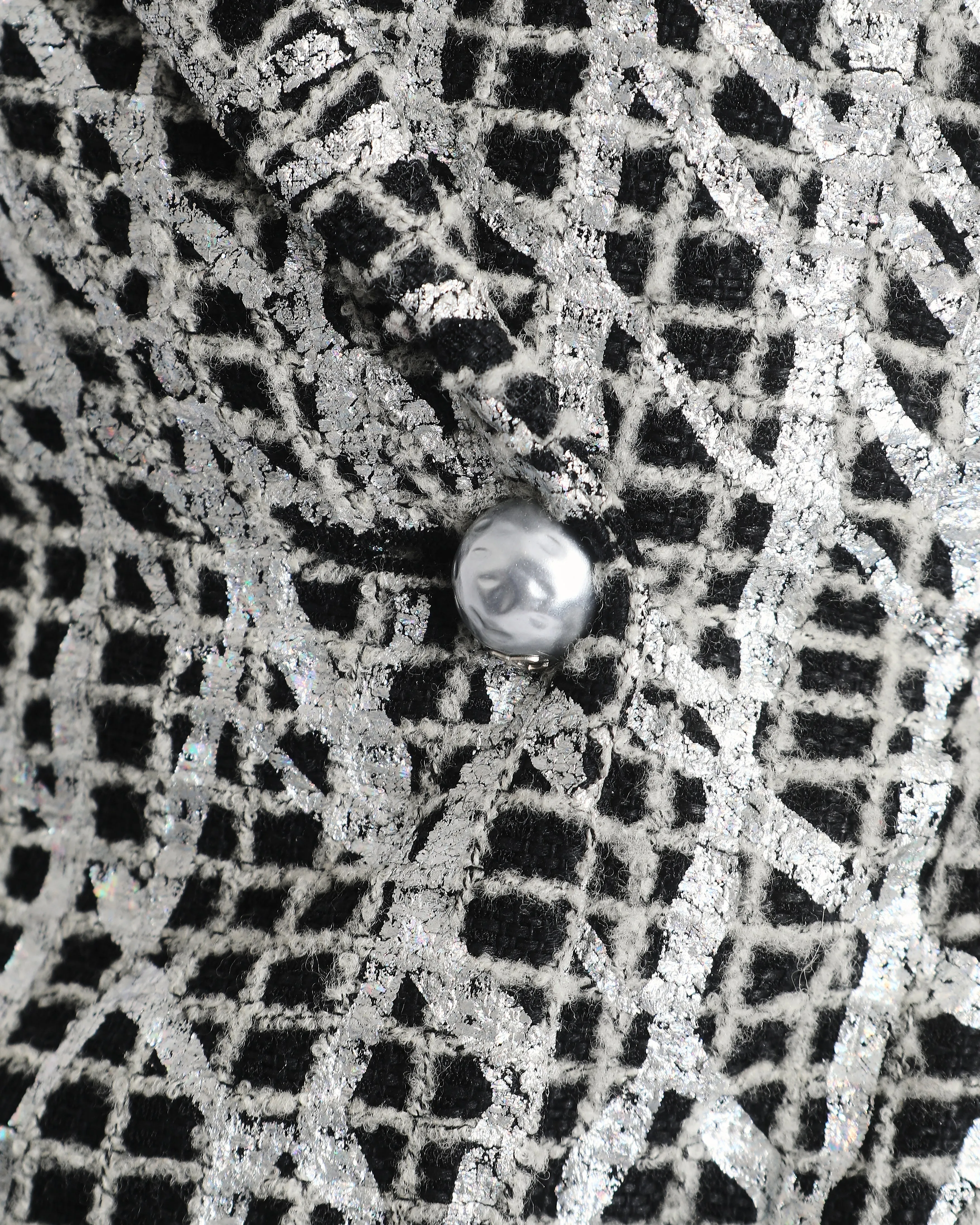 Chanel Black & White Checked Tweed Backless Jacket With Silver Screen Print And Pearl Belt At The Back Size Fr 34 (uk 4)