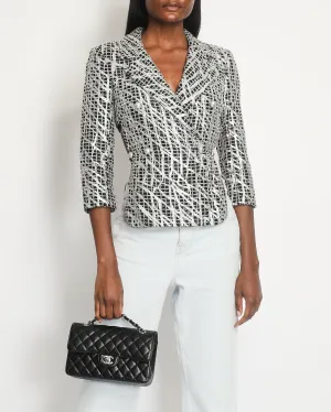 Chanel Black & White Checked Tweed Backless Jacket With Silver Screen Print And Pearl Belt At The Back Size Fr 34 (uk 4)