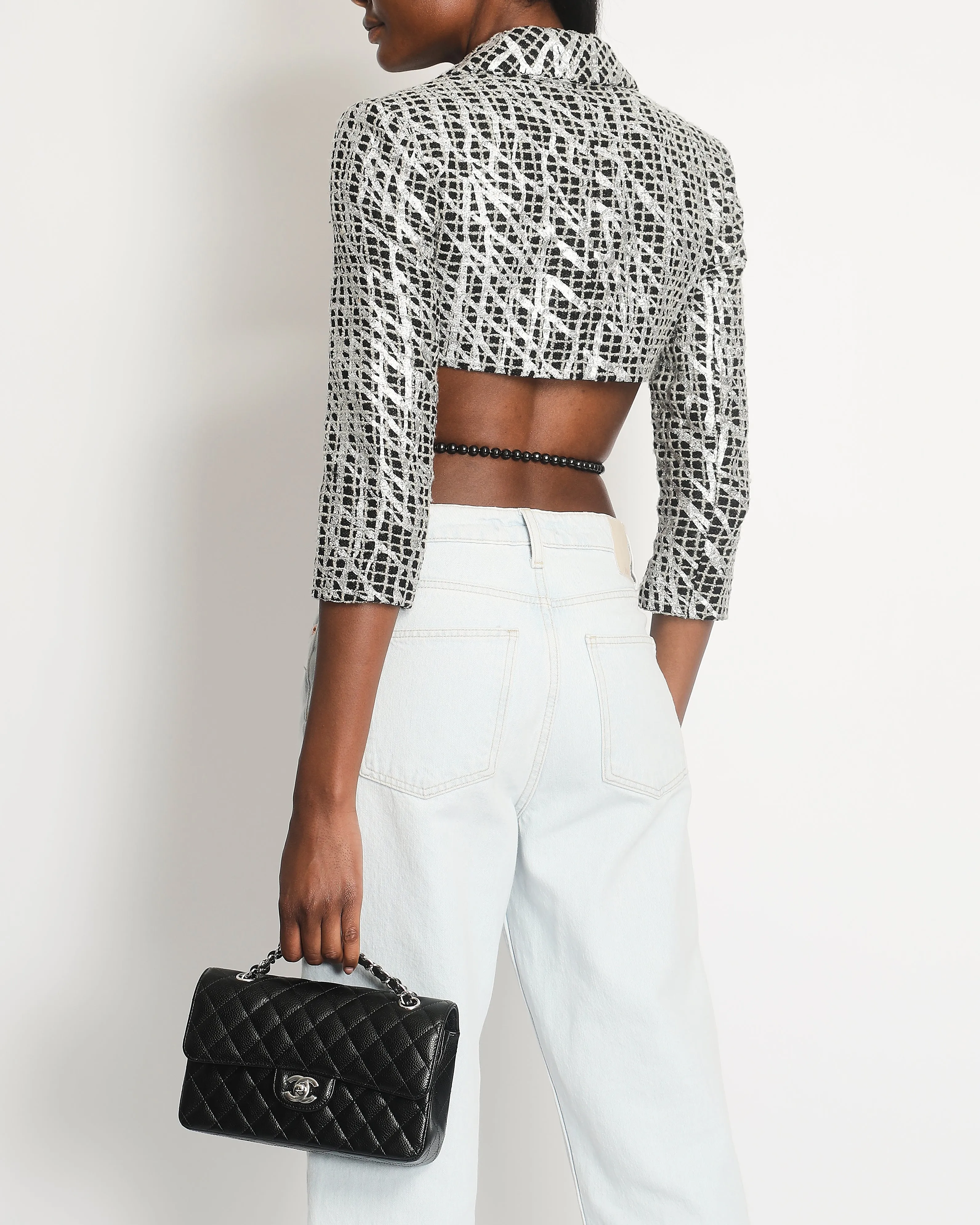 Chanel Black & White Checked Tweed Backless Jacket With Silver Screen Print And Pearl Belt At The Back Size Fr 34 (uk 4)