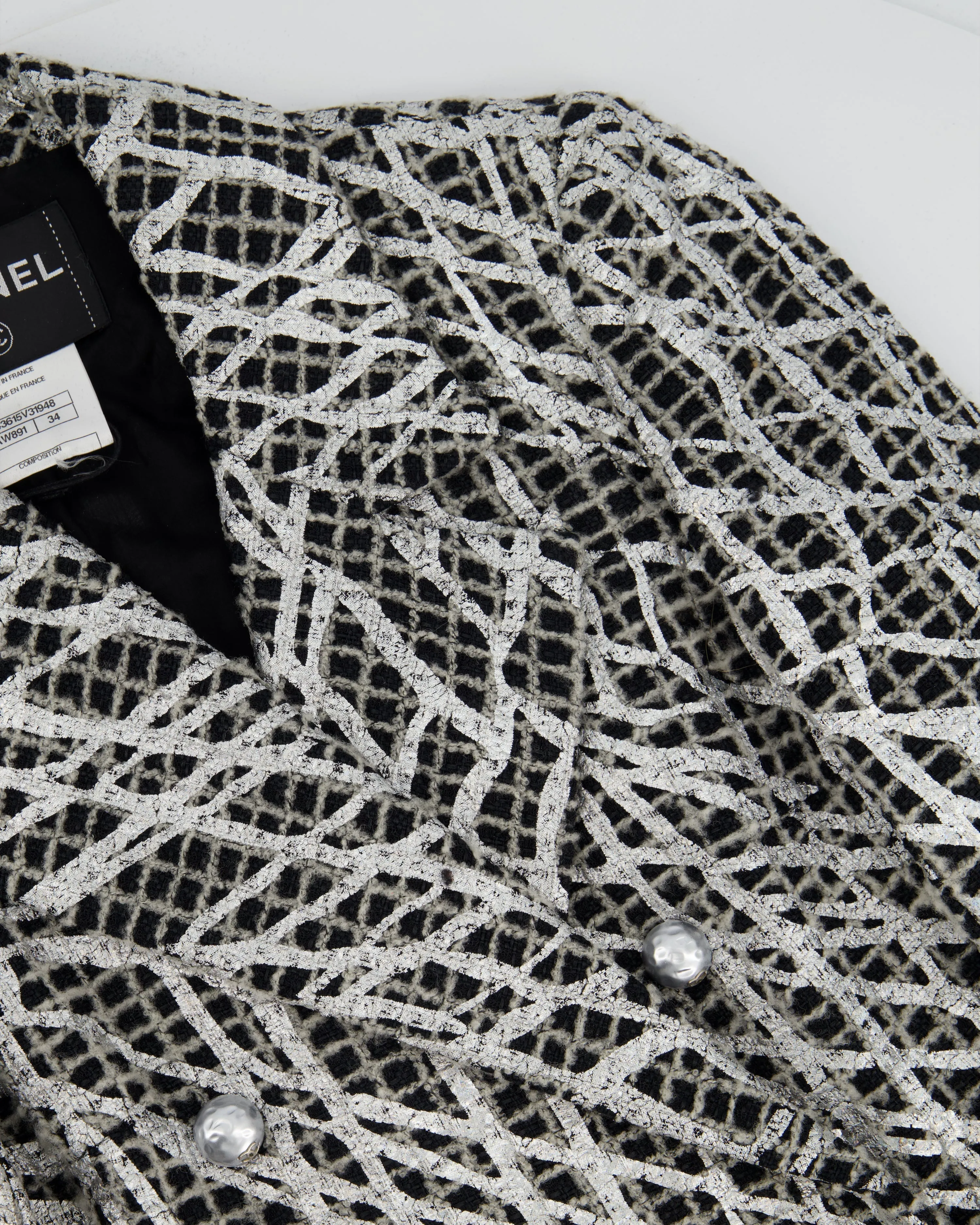 Chanel Black & White Checked Tweed Backless Jacket With Silver Screen Print And Pearl Belt At The Back Size Fr 34 (uk 4)