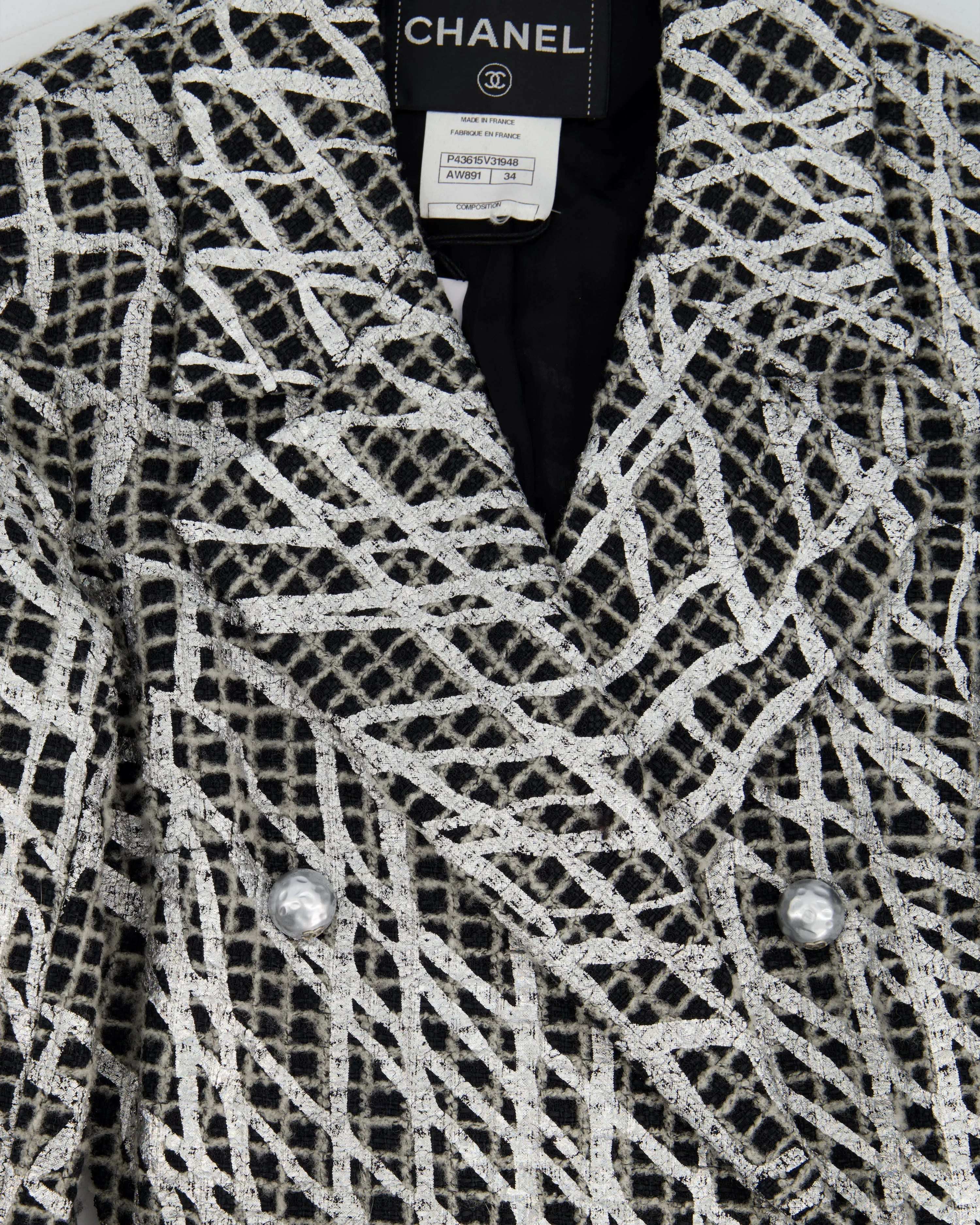 Chanel Black & White Checked Tweed Backless Jacket With Silver Screen Print And Pearl Belt At The Back Size Fr 34 (uk 4)