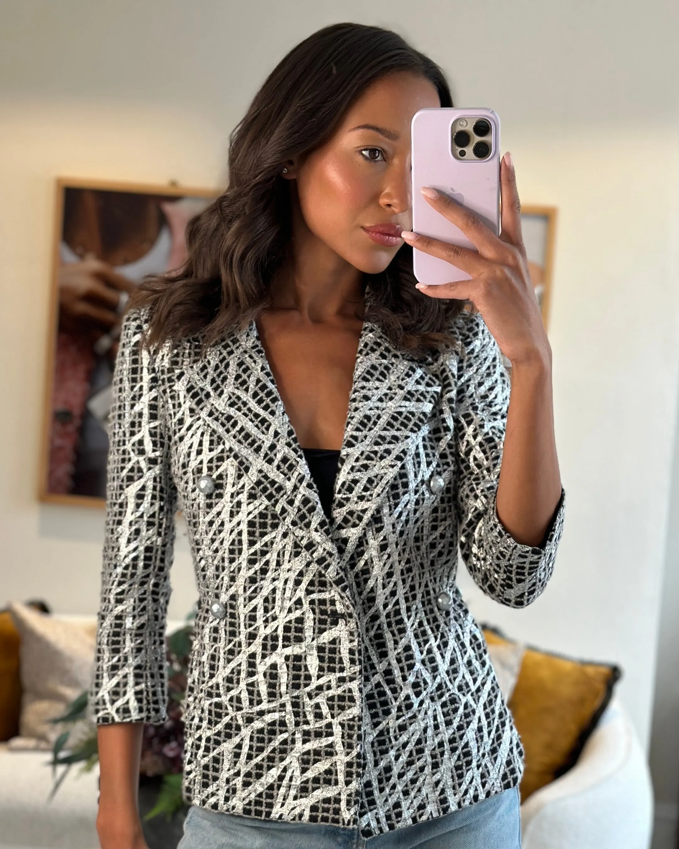 Chanel Black & White Checked Tweed Backless Jacket With Silver Screen Print And Pearl Belt At The Back Size Fr 34 (uk 4)