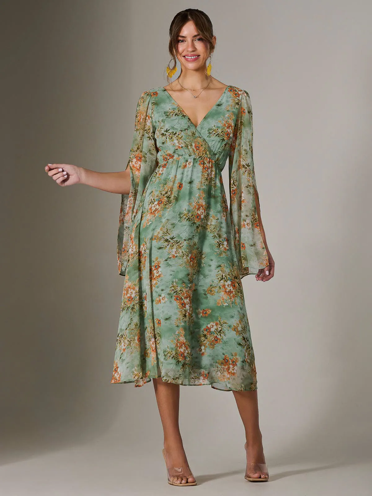 Chiffon Split Sleeve Midaxi Dress, Green Floral