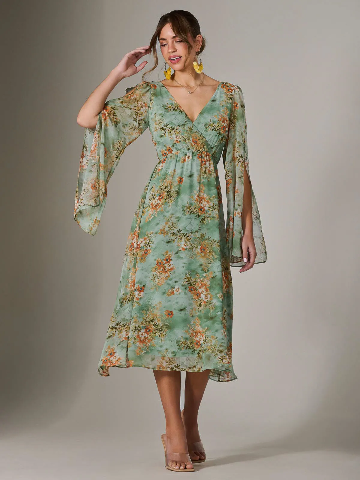 Chiffon Split Sleeve Midaxi Dress, Green Floral