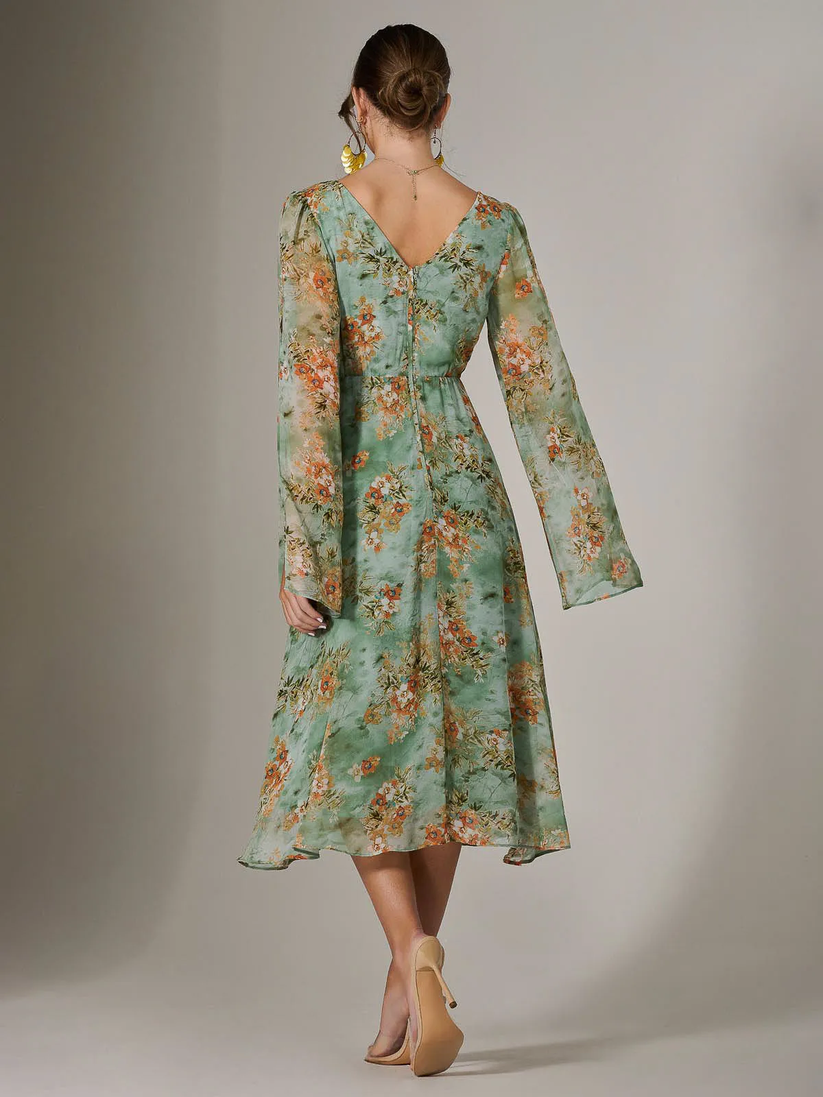 Chiffon Split Sleeve Midaxi Dress, Green Floral