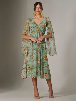 Chiffon Split Sleeve Midaxi Dress, Green Floral