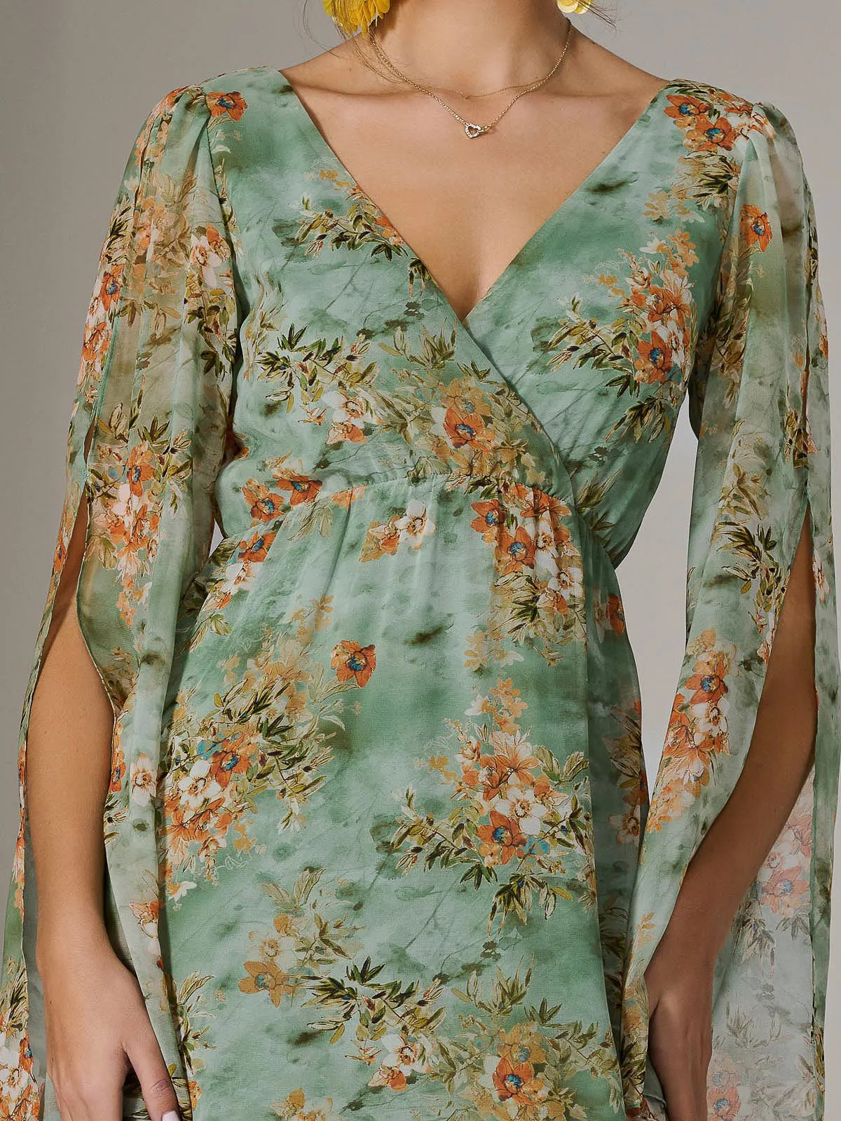 Chiffon Split Sleeve Midaxi Dress, Green Floral